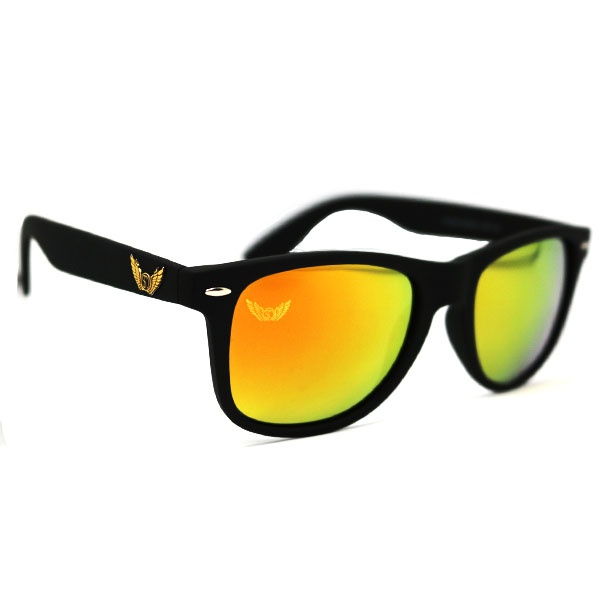 SIde view of orange polarized sunglasses by Shari Dionne. The Turner shades have a wayfarer style design
