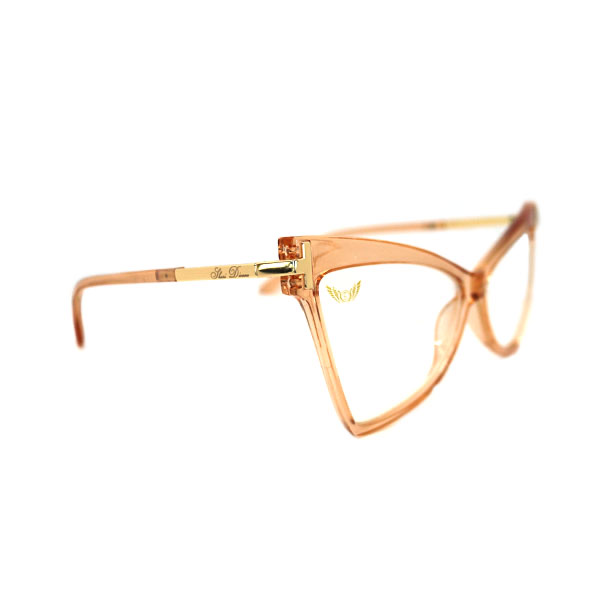 Side view of peach women's blue light cateye glasses by Shari Dionne
