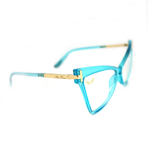 Side view of blue women's blue light cateye glasses by Shari Dionne