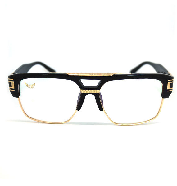 Oversized blue light glasses with black and gold frame. Name the Larry Hover glasses for there larger than life stye