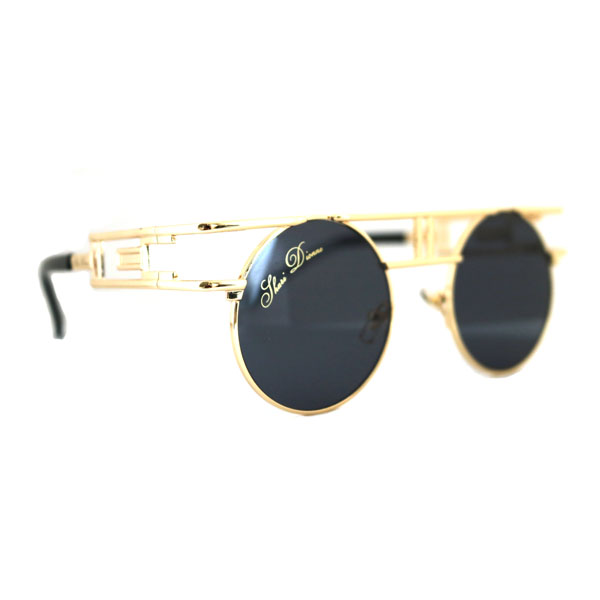 Circle sunglasses with gold frame side view